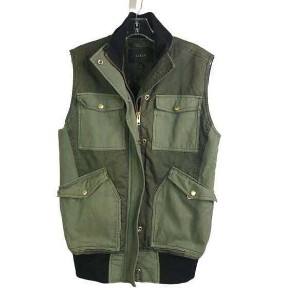 J.Crew Pocketed Vest Womens Sz Small Olive Green. Snap + Zip Collared Black Trim - Picture 1 of 6